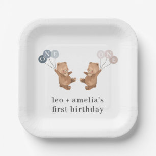 Bear Boy Girl Twins - Joint 1st Birthday Paper Plate