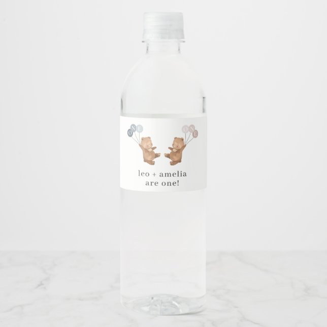 Bear Boy Girl Twins - Joint 1st Birthday Water Bottle Label (Front)