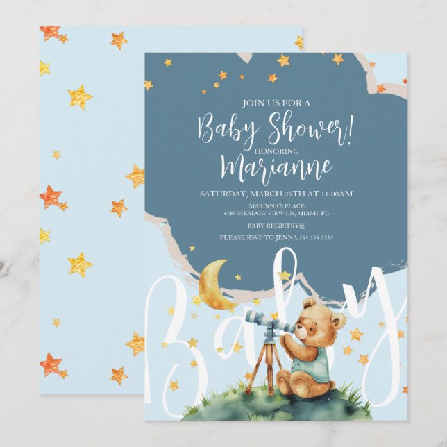  Bear Boy Stars Baby Shower  Invitation (Front/Back)
