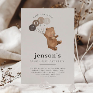 Bear Brown Balloons 4th Birthday Invitation