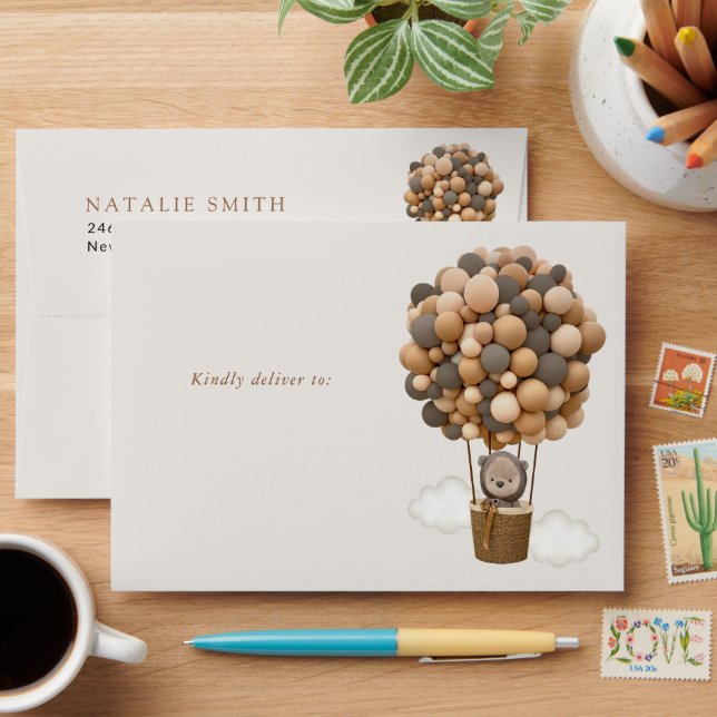 Bear, Brown Balloons, Hot Air Balloon, Baby Shower Envelope (Desk)