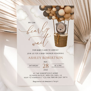 Bear, Brown Balloons, Hot Air Balloon, Baby Shower Invitation