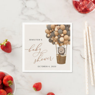 Bear, Brown Balloons, Hot Air Balloon, Baby Shower Napkin