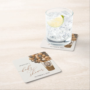 Bear, Brown Balloons, Hot Air Balloon, Baby Shower Square Paper Coaster