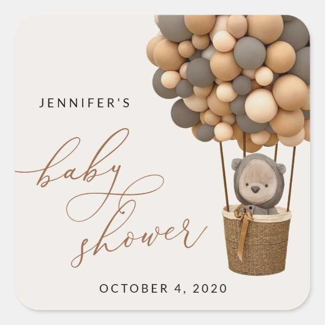 Bear, Brown Balloons, Hot Air Balloon, Baby Shower Square Sticker (Front)