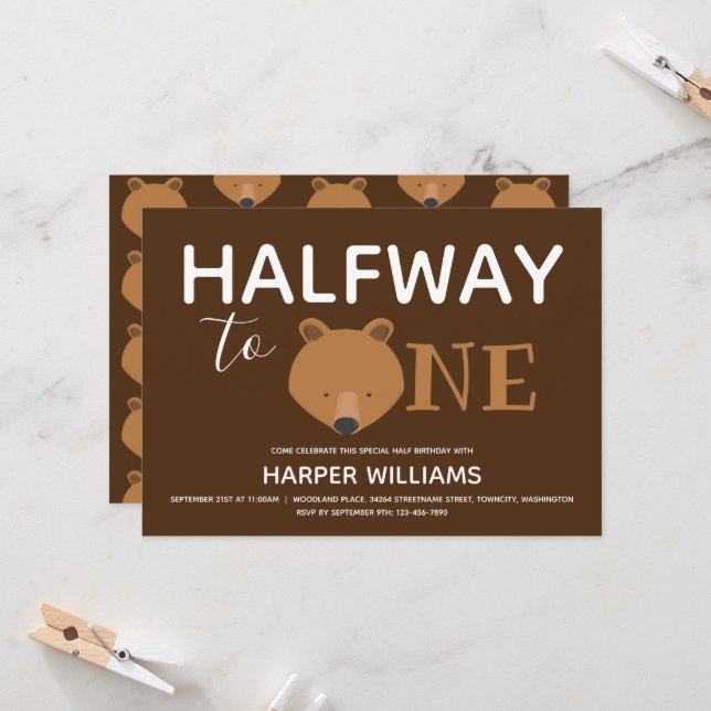 Bear Brown Six Month Baby Half Birthday Invitation (Front/Back In Situ)