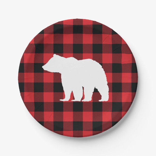 Bear Buffalo Check Pattern Holiday Paper Plate (Front)