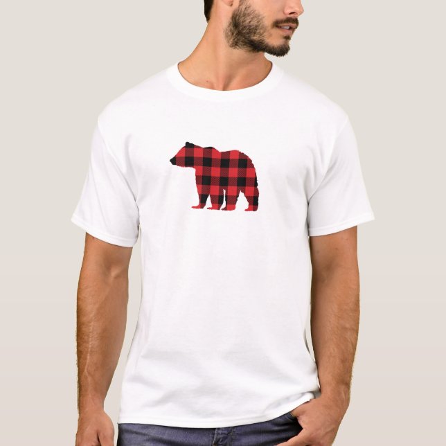 Bear Buffalo Check Red Check Pattern T-Shirt (Front)