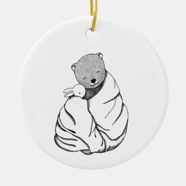 Bear & bunny in a blanket Couple First Chrismtas Ceramic Ornament (Front)
