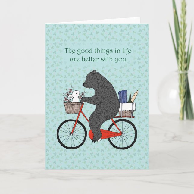 Bear & Bunny on Bicycle going to picnic cute love Card (Front)