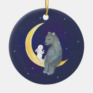 Bear & Bunny on the Moon Cute Couple Custom  Ceramic Ornament