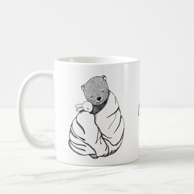 Bear Bunny Rabbit in Blanket Personalised name Coffee Mug (Left)