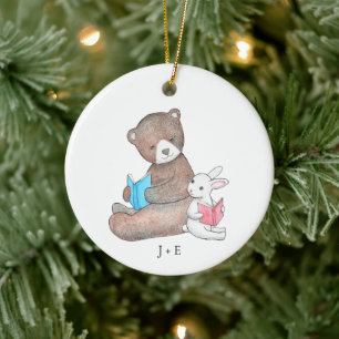 Bear & Bunny Reading Books Cute Couple Custom Name Ceramic Ornament