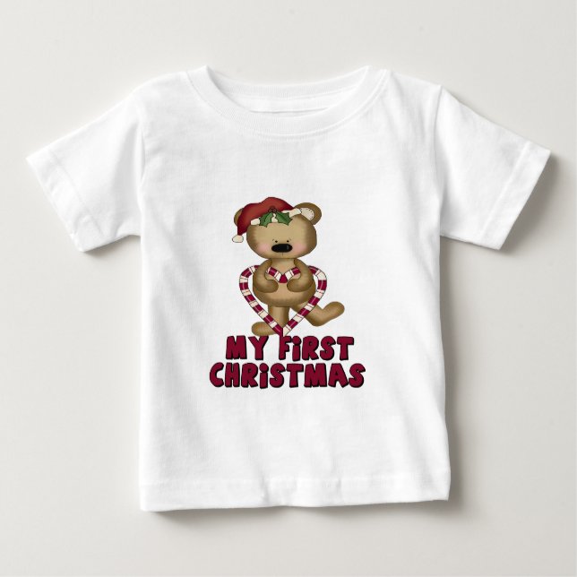 Bear & Candy Cane Baby's First Christmas Baby T-Shirt (Front)