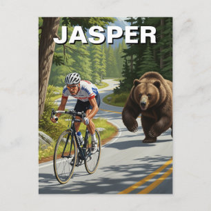 Bear chasing cyclist Jasper Canada Postcard