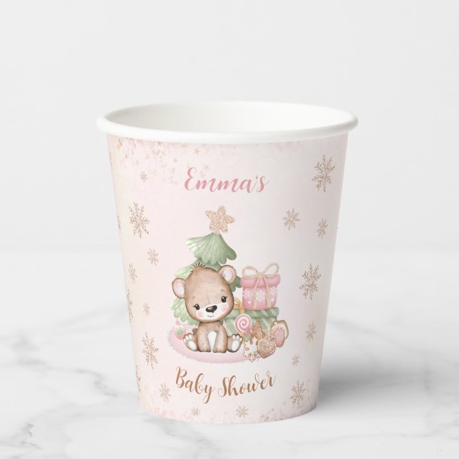 Bear Christmas Girl Baby Shower Pink Paper Cups (Front)
