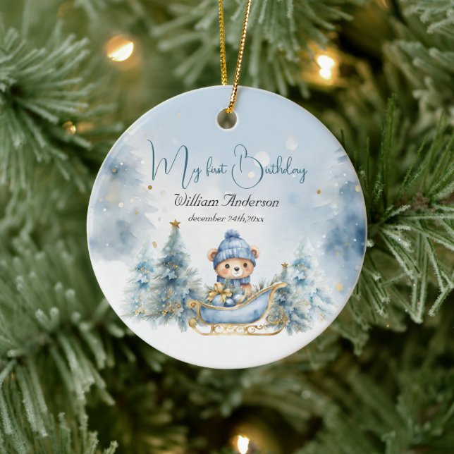 Bear Christmas One First Birthday Winter Ceramic Ornament (Tree)
