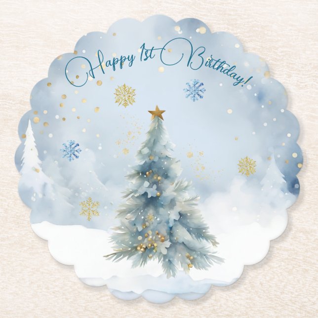 Bear Christmas One First Birthday Winter Paper Coaster (Front)