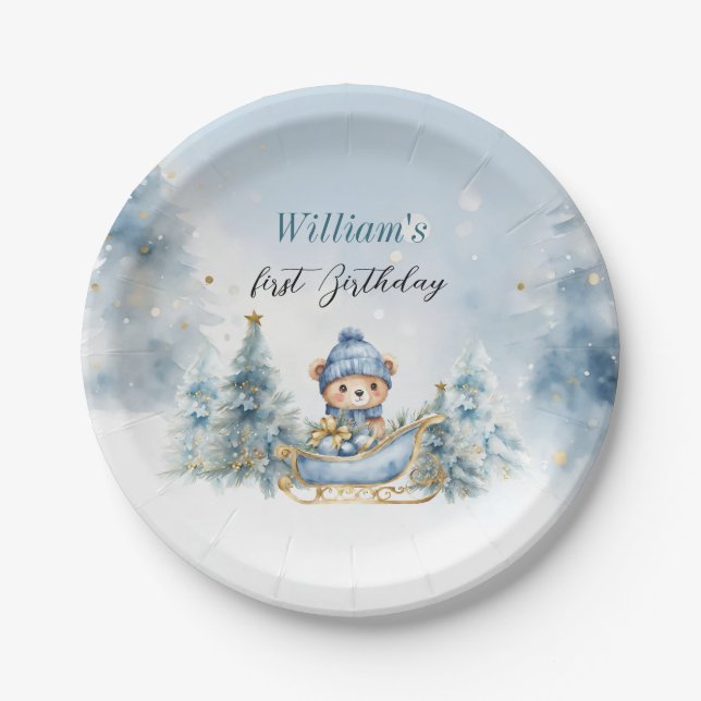 Bear Christmas One First Birthday Winter Paper Plate (Front)