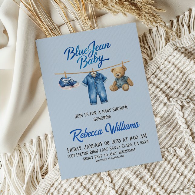 Bear Clothesline Blue Jean Baby Denim Baby Shower Invitation (Creator Uploaded)