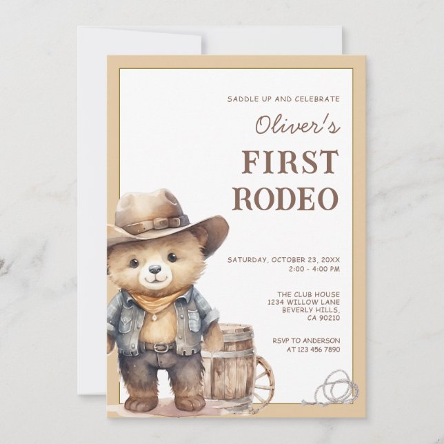 Bear Cowboy Western First Rodeo Birthday Invitation (Front)
