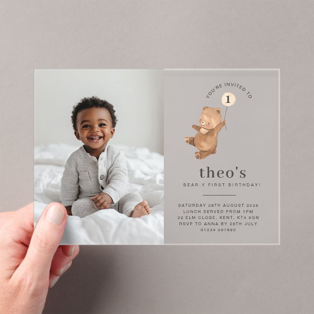 Bear Cream Balloon Photo 1st Birthday Invitation (Insitu (Handheld))