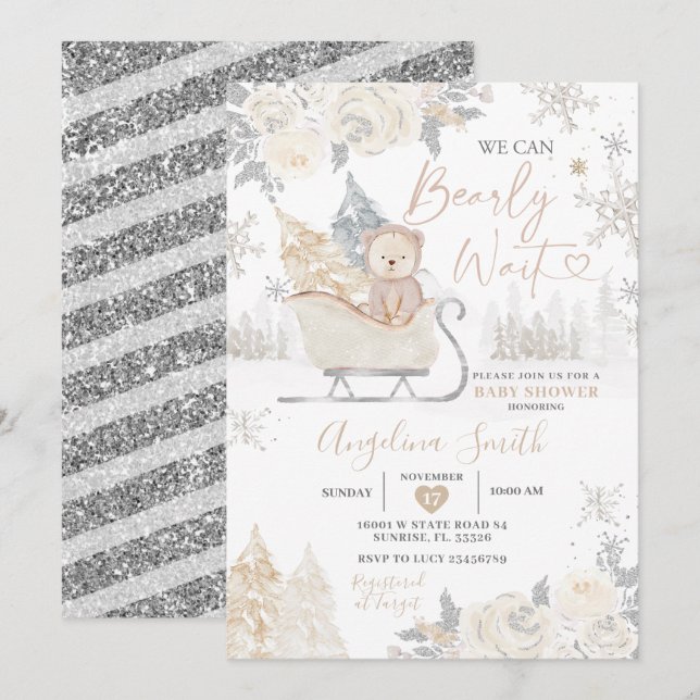 Bear Creamy White Snowflake Floral Baby Shower Invitation (Front/Back)