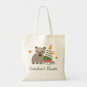 Bear cub and butterflies personalised library book tote bag
