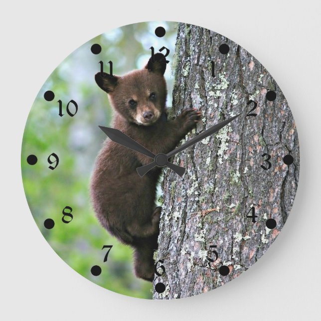 Bear Cub Climbing a Tree Large Clock (Front)