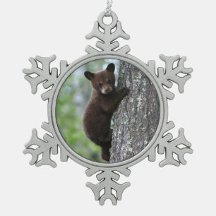 Bear Cub Climbing a Tree Snowflake Pewter Christmas Ornament