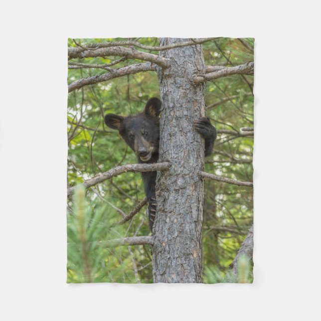 Bear Cub Climbing Tree Fleece Blanket (Front)