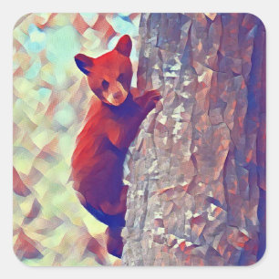 Bear cub climbing tree square sticker