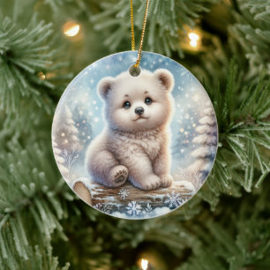 Bear Cub in Winter Woods Ceramic Ornament