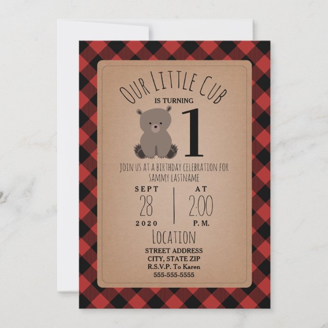 Bear Cub Lumberjack Plaid Birthday Party Invitation (Front)
