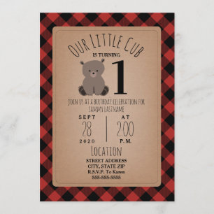 Bear Cub Lumberjack Plaid Birthday Party Invitation