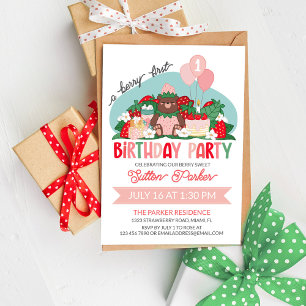 Bear Cub Pink Strawberry Berry 1st Birthday Party Invitation
