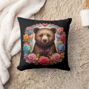 Bear Cub Surrounded by Roses and Hearts Cushion