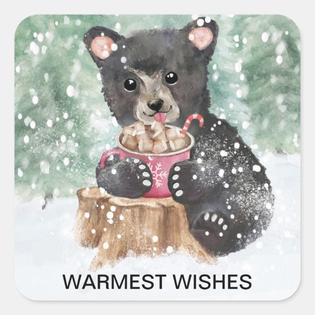 Bear Cub Warm Wishes Cocoa Christmas Square Sticker (Front)