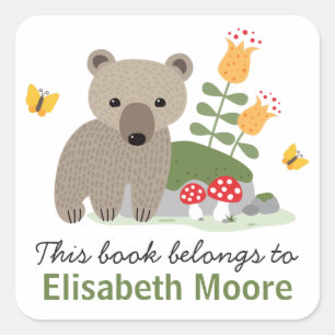 Bear cub with flowers and buttflies bookplate book square sticker