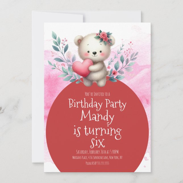 Bear Cute Heart Hugging Watercolor Birthday  Invitation (Front)