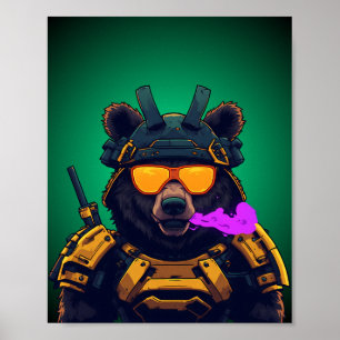 Bear Cyberpunk Samurai Mecha Mascot Sticker Poster