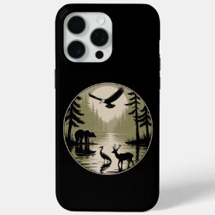 Bear Deer Eagle Moon Forest Silhouette iPhone 15 Pro Max Case