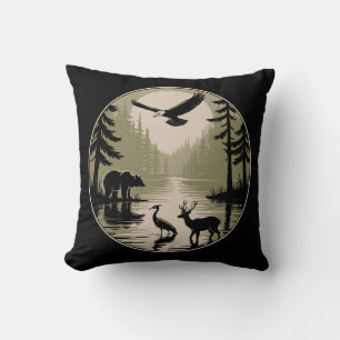 Bear Deer Eagle Moon Forest Silhouette Cushion