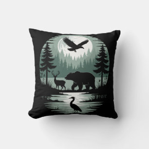 Bear Deer Eagle Moon Forest Silhouette Cushion