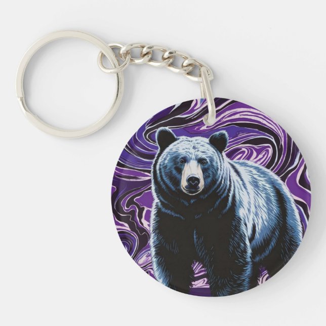 Bear Design Acrylic Keychain Round Purple Blue  (Front)