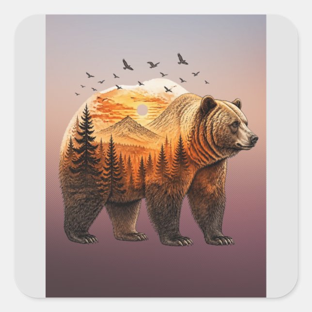 Bear Double Exposure Forest Square Sticker (Front)