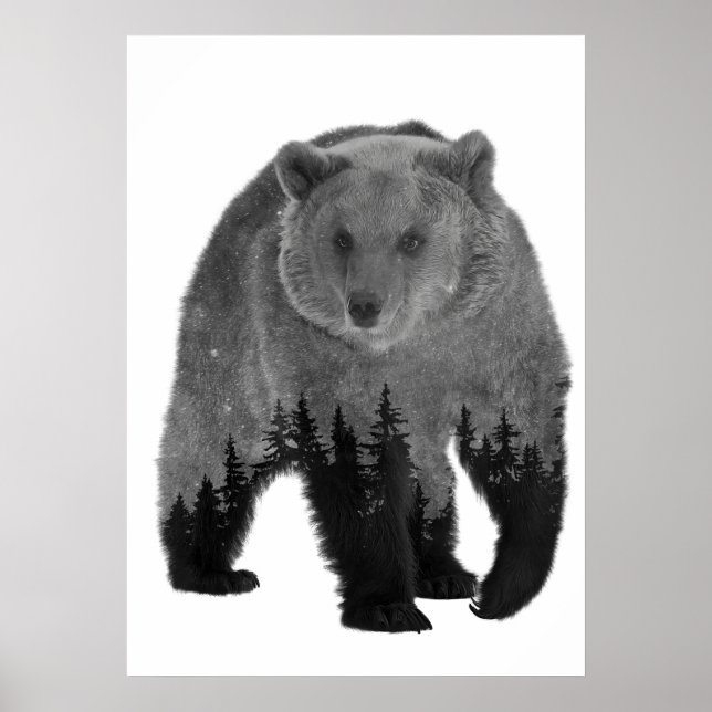 Bear Double Exposure Forest Trees Night Poster (Front)