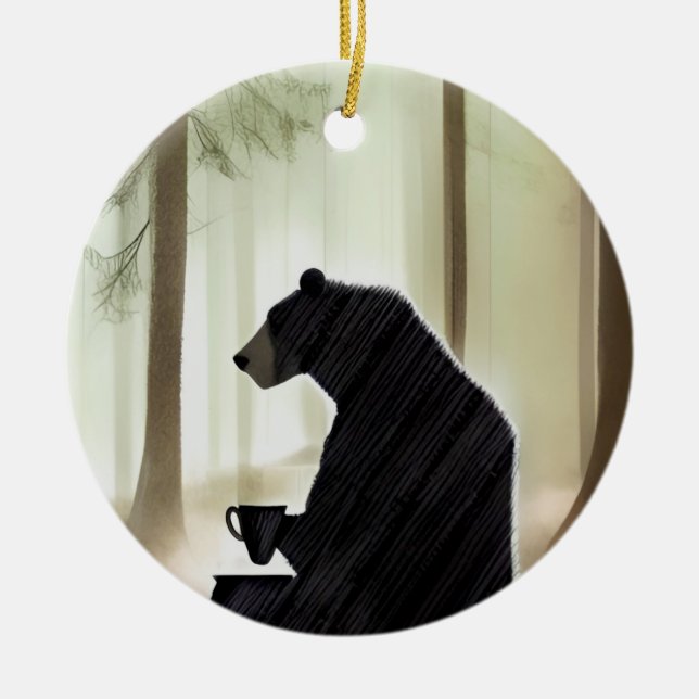 Bear Drinking Coffee in the Woods  Ceramic Ornament (Front)
