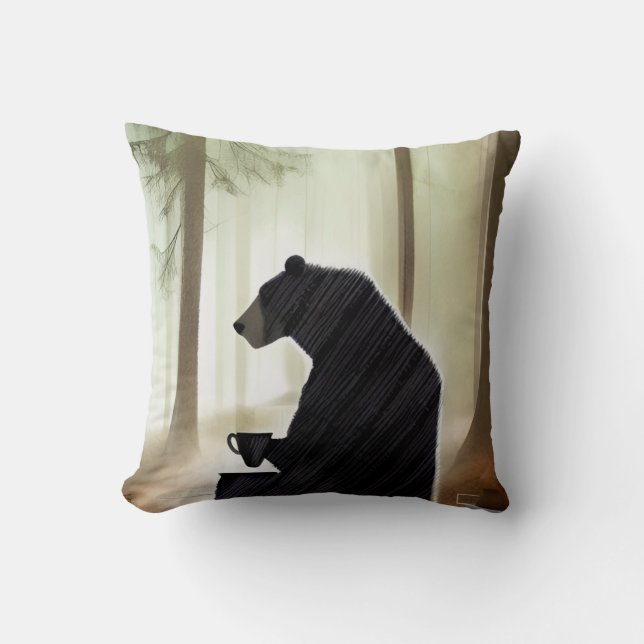 Bear Drinking Coffee in the Woods Cushion (Front)