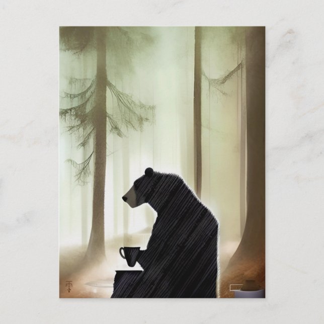 Bear Drinking Coffee in the Woods Postcard (Front)